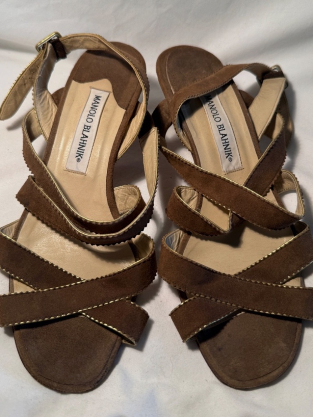 Vintage Manolo Blahnik Brown Suede Strappy Slingback Heels Size 38.5